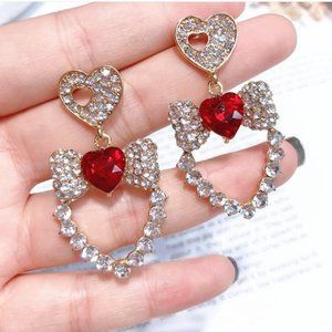 cute heart and bow red holiday prom bridal wedding pageant earrings jewelry